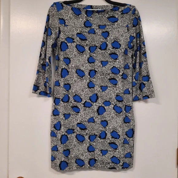 Diane Von Furstenberg Sz 12 Blue Leopard Jersey Knit Mini Dress 3/4 Sleeve - Picture 1 of 12